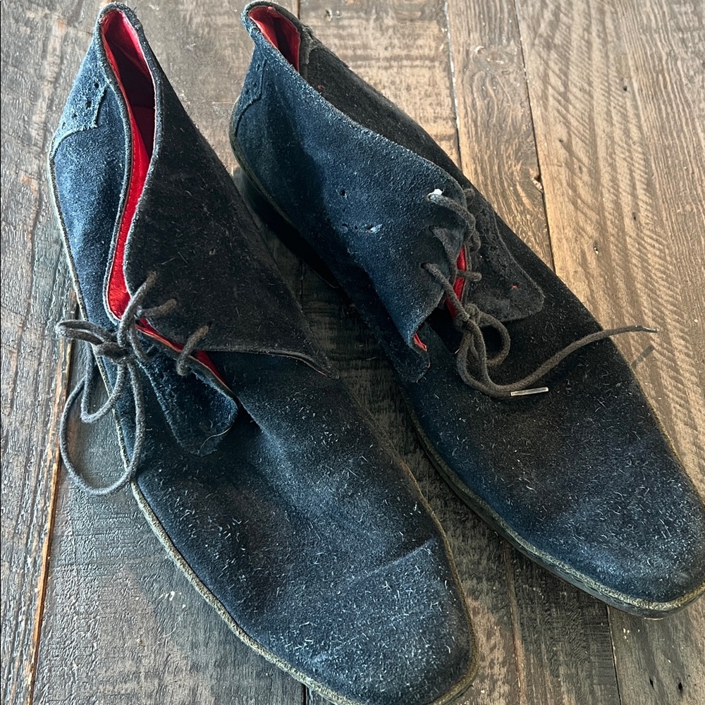Blue Suede Lace-Up Shoes with Red Interior